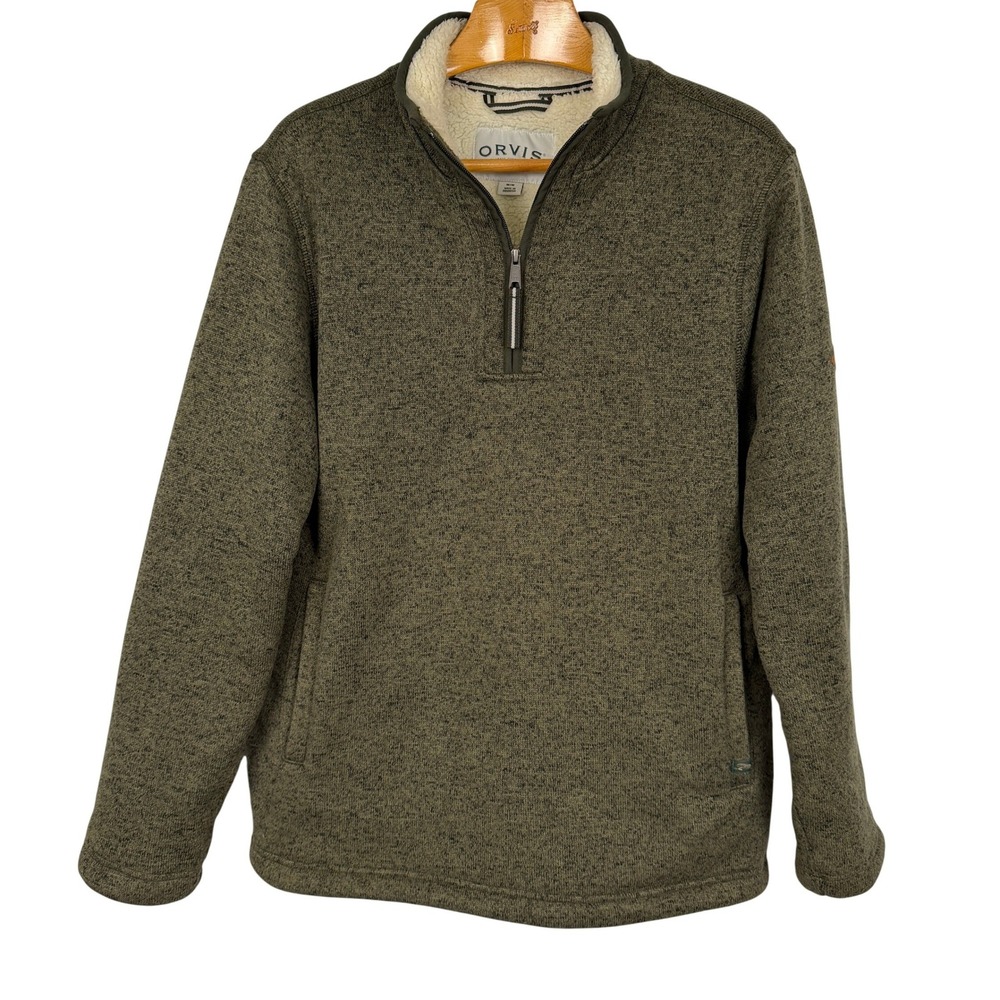 Orvis Pullover Quarter Zip Sherpa Lined Fleece Medium Green Marled Sweater
